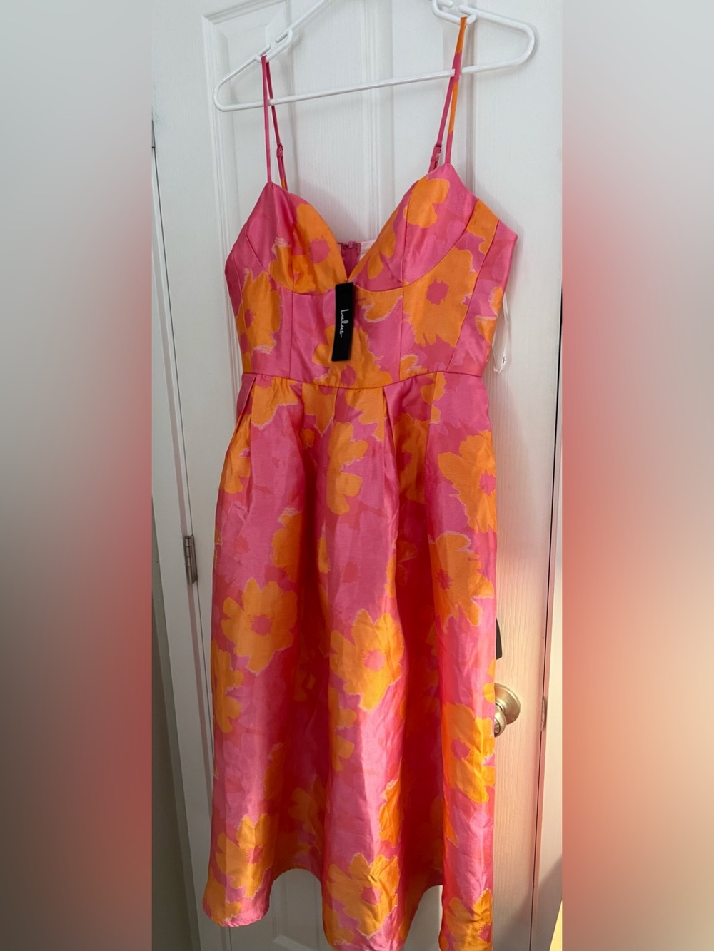 Lulu's Pink and Orange Floral Strapless Midi Dress NWT - Picture 2 of 4